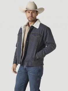 Wrangler® Western Sherpa Lined Denim Trucker Jacket Fitted Denim Outerwear For Outdoor, Western Style Dark Wash Outerwear With Pockets, Western Style Cotton Winter Outerwear, Casual Cotton Outerwear For Rodeo, Western Denim Jacket With Pockets For Winter, Casual Denim Outerwear For Rodeo, Western Style Long Sleeve Denim Jacket For Winter, Western Style Medium Wash Cotton Outerwear, Western-style Medium Wash Cotton Outerwear