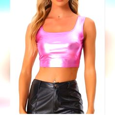 Allegra K Women's U Neck Sleeveless Halloween Party Clubwear Holographic Shiny Metallic Crop Top Spring Disco Sleeveless Crop Top, Disco Style Sleeveless Tank Top For Spring, Spring Sleeveless Disco Crop Top, Y2k Pink Tank Top For Party, Y2k Style Pink Tank Top For Party, Fitted Pink Tank Top For Party, Fitted Trendy Tank Top For Party Season, Trendy Fitted Tank Top For Party Season, Y2k Sleeveless Tank Top For Party