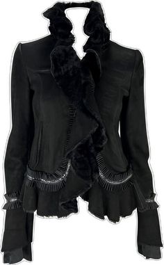 Black Shearling Long Sleeve Outerwear, Chic Black Shearling Fur Coat, Chic Black Shearling Outerwear, Elegant Black Sheepskin Fur Coat, Chic Black Sheepskin Fur Coat, Fitted Black Sheepskin Fur Coat, Designer Black Outerwear With Faux Fur Trim, Black Fitted Sheepskin Leather Jacket, Fitted Black Sheepskin Leather Jacket