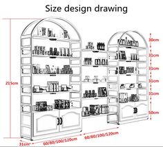 the size and width of a bookcase with two arched shelves on each side, along with