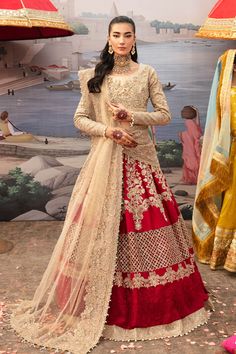 Luxury Pakistani Party Dress Golden and Red Lehenga Style Outfit Tissue Lehenga, Pakistani Bridal Lehenga, Lehenga Dress, Pakistani Bridal Dress, Raw Silk Lehenga, Pakistani Party Wear, Lehenga Style, Readymade Saree, Red Lehenga