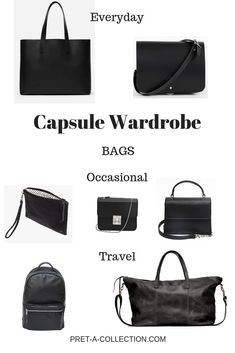 Capsule Bags Wardrobe, Purse Capsule Wardrobe, Bags Capsule Wardrobe, All Black Wardrobe Closet, Capsule Wardrobe Bags, Minimalist Shoe Collection