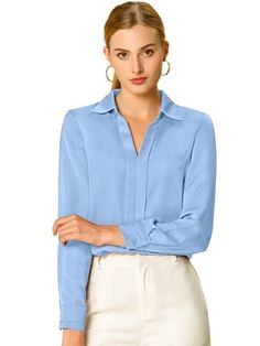 Allegra K Women's Elegant V Neck Long Sleeve Office Work Satin Blouse Light Blue Medium : Target Affordable Classic Blouse With Spread Collar, Elegant Everyday Blouse At Affordable Price, Elegant Spring Blouse Affordable, Cheap Medium Wash Blouse For Work, Affordable Blue Classic Blouse, Cheap Blue Blouse For Everyday, Affordable Blue Shirt For Women, Cheap Blue Versatile Blouse, Cheap Blue Party Blouse