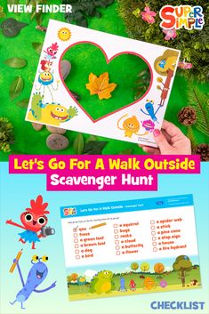 Have fun going on a scavenger hunt outside with the characters from Super Simple's Rhymington Square! Free printable activity for preschoolers and school-aged kids! Outside Scavenger Hunt, National Walking Day, Square Printables, Activity For Preschoolers, View Finder, Printable Games For Kids, Walk Outside