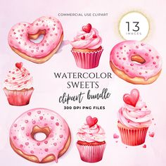 the watercolor sweets clipart bundle includes pink cupcakes and heart shaped frosting