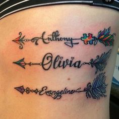 a woman's lower thigh with an arrow and name tattoo on the side of her stomach