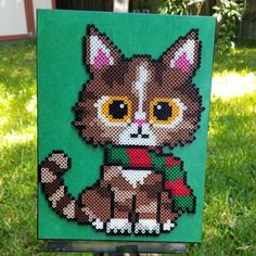 a cross - stitch picture of a cat on a green background is displayed in the grass