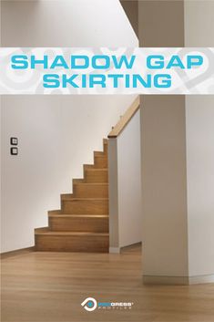 there is a stair case with the words shadow gap skiing in blue overlays