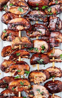 grilled chicken and mushroom kabobs on skewers