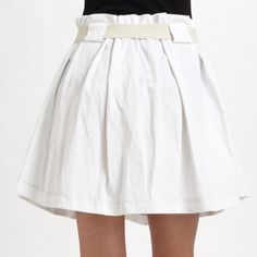 Suno, White Flared Twill Skirt, Brand New Designer Skirt: Suno, White Flared Twill Skirt, Brand New, Soft pleats and a wide belt accent this contemporary silhouette. SUNO Skirts Casual White Pleated Waist Bottoms, Casual White Bottoms With Pleated Waist, Casual Spring Voluminous Pleated Skirt, White Belted Short Bottoms, White Belted Bottoms Short Length, White Belted Short Length Bottoms, Casual White Skort With Pleated Waist, Chic Mini Skirt With Pleated Waist For Spring, Chic Spring Mini Skirt With Pleated Waist