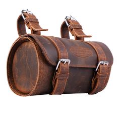 a brown leather bag with two straps on it