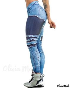 Olivia Mark - Printed Faux Denim Leggings for Women Gym Home, Perfect Leggings, Hip Lifts, Sports Gym, Compression Fabric, Leggings For Women, Running Tights, Denim Patchwork, Jumpsuit Shorts Rompers