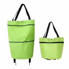 two lime green totes with black handles and straps, one in the shape of a shopping bag