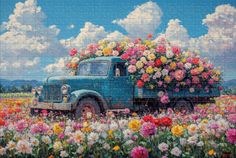 a jigsaw puzzle with a truck full of flowers