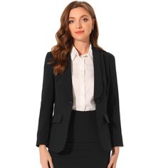 This Winter Shawl Lapel Work Blazer is designed for the modern working woman, featuring a sophisticated shawl lapel and long sleeves that exude professionalism and style in any office setting. A must-have option for the new season, add new styles to your wardrobe. Equipped with spacious pockets, this office jacket blazer offers practicality along with its elegant design. Store your essentials like keys or small personal items conveniently while on the go. With its classic design and neutral colo Black Office Lady Suit For Formal Events, Black Formal Office Lady Suit, Fitted Professional Blazer For Office, Professional Fitted Blazer For Office Wear, Office Lady Suit For Fall, Tailored Blazer For Career, Office Lady Style, Tailored Career Blazer For Office, Tailored Office Lady Blazer For Career, Semi-formal Single Breasted Suits