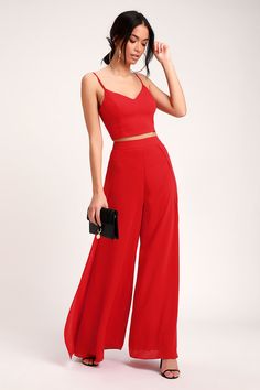 Lulus Exclusive! Head to the VIP in the Lulus Out Tonight Red Two-Piece Jumpsuit! Woven fabric shapes this sleek and sexy set that includes a princess-seamed crop top with a V-neckline, and lace-up back. Matching high-waisted trousers have wide, tulip pant legs and a hidden back zipper. Classy Jumpsuit, Red Two Piece, Formal Jumpsuit, Two Piece Jumpsuit, Wedding Jumpsuit, Jumpsuit Outfit, Red Jumpsuit, Guest Outfit, Looks Vintage