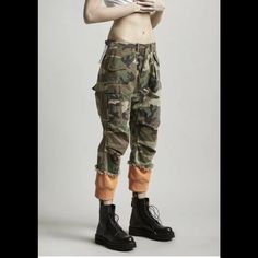 R13 Camo Harem Cargo With Sweat Cuffs - Orange Condition Brand New With Out Tags. Size 24 Color: Camo W/ Black Classic Cargo Pant With Attached Sweatpant Cuff Button W/ Zipper 100% Cttn Machine Wash Imported Distressed Pants, Slouch Pants, White Sweatpants, Pocket Jumpsuit, Boys Joggers, Classic Skirts, Floral Print Pants, Cargo Pant, Wool Pants