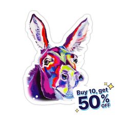 a sticker with an image of a dog's head and the words buy 10 get 50 % off