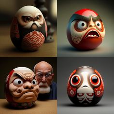 four different images of an egg with faces and eyes on each side, one in the shape of a demon