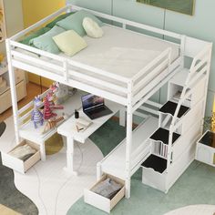 a white bunk bed sitting on top of a wooden floor next to a book shelf