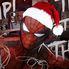 a spiderman with a santa hat on