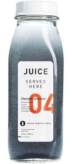 a bottle of juice is shown on a white background with the words juice served here