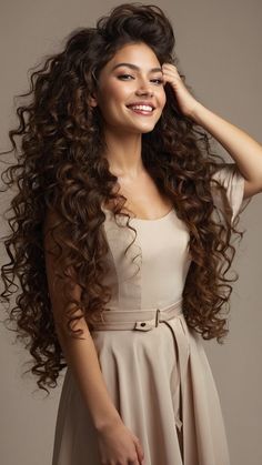 a woman with long curly hair wearing a dress and holding her hand on her head