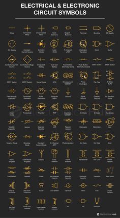 the electrical and electronic circuit symbols are shown in gold on a black background with white lettering