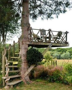 a tree house built into the side of a tree with stairs leading up to it