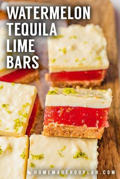 four different types of watermelon tequila lime bars on a cutting board with text overlay