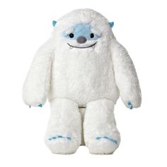 a white stuffed animal with blue eyes and teeth