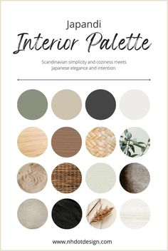 the japanese interior palette is shown in shades of beige, black and white with text that reads