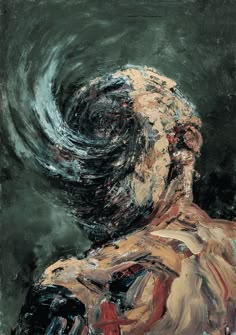 an abstract painting of a man's face and shoulders, with swirling hair in the background