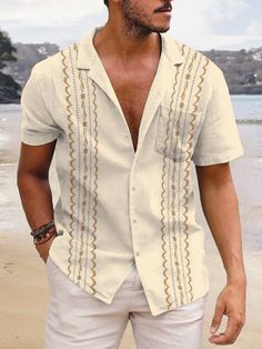 SPECIFICATIONS Material: POLYESTER Shirts Type: Casual Shirts Applicable Scene: Beach Sleeve Length(cm): short Applicable Season: Spring and Summer Gender: MEN Collar: Turn-down Collar Closure Type: Single Breasted Fabric Type: Broadcloth Pattern Type: Print Vacation Shirt With Relaxed Fit And Half Sleeves, Beige V-neck Shirt For Summer, Beach Shirt With Pockets, White Short Sleeve Shirt With Pockets For Beach, White Short Sleeve Beach Shirt With Pockets, Beige Relaxed Fit Camp Shirt For Beach, Beige Relaxed Fit Camp Shirt For The Beach, White Tops With Pockets For Beach Season, Beige Summer Camp Shirt With Pockets