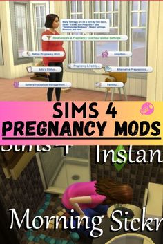 an image of a woman in the bathroom with text reading sims 4 pregnant mods and instant morning stickers