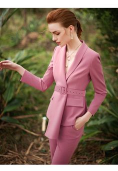 This Pink V-Neck Two Piece Business Pants Suits Set is perfect for professional women to look sharp and stylish in the workplace! With its sleek v-neck design and soft, pink material, you'll exude confidence and sophistication in this stylish pantsuit. Make a fashion statement and up your workwear game with this amazing and stylish set! Pink Two Piece Business Ladies Pants Suits Set Fabric Type: Worsted Style: Pants Suits Closure Type: Single Breasted Sleeve Length(cm): Full Decoration: Button, Tailored Pink Blazer For Business Casual, Solid V-neck Blazer For Formal Occasions, Fitted V-neck Suits For Work, Pink Notch Lapel Blazer For Business Casual, Spring Office Suits With V-neck, Elegant V-neck Business Casual Suits, Pink Notch Lapel Blazer For Work, V-neck Business Suits For Spring, Tailored V-neck Pantsuit For Formal Occasions