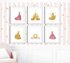 princess wall art prints in pink and gold