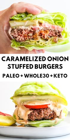 the ultimate grilled onion stuffed burgers are loaded with cheese, lettuce and tomato