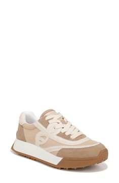 Mixed textures lend another layer of dimension to this sporty sneaker set on a grippy rubber sole and marked with multiple logos. Lace-up style Leather and textile upper/leather lining/rubber sole Imported Modern Beige Sneakers With Branded Insole, Beige Low-top Running Shoes With Laces, Low-top Beige Running Shoes With Laces, Beige Sports Sneakers With Rubber Sole, Modern Beige Sneakers For Streetwear, Beige High-top Sneakers With Vulcanized Sole For Sports, Beige Low-top Running Shoes With Translucent Outsole, Modern Beige Sneakers With Round Toe, Beige Low-top Running Shoes