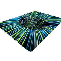 a blue and green striped area rug with an abstract design on the bottom, in front of a white background