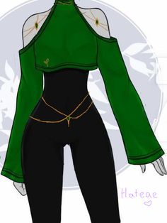 a drawing of a woman wearing a green top and black pants with gold chains around her waist