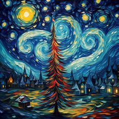 a painting of a starry night with a christmas tree in the foreground