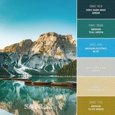 the color scheme for an interior paint scheme with mountains in the background and water below