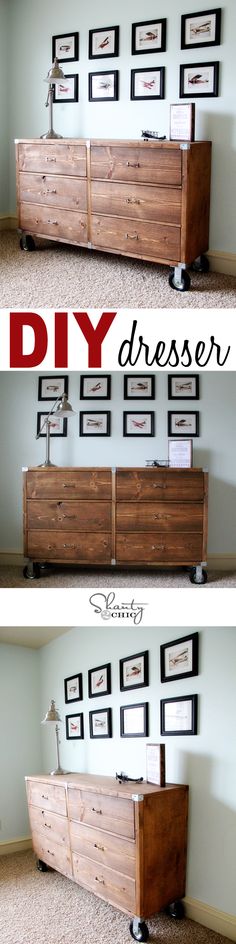 the diy dresser is made out of wood and has pictures on it