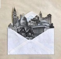 an envelope with the image of a city in it