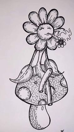 a black and white drawing of a flower on top of a mushroom