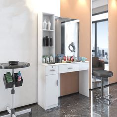 a bathroom with a vanity, mirror and stool in it