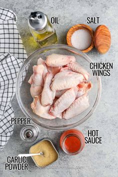 ingredients to make chicken wings in a glass bowl