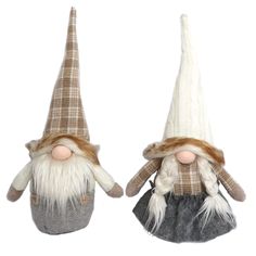 two stuffed gnomes with hats on their heads, one in grey and the other in white