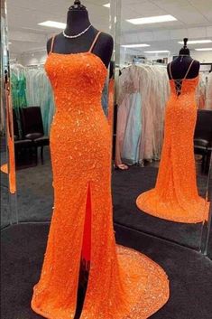 Orange Long Dresses, Orange Prom Dress, Neon Prom Dresses, Orange Prom Dresses, Sparkle Prom Dress, Split Prom Dresses, Elegant Prom Dresses, Prom Dress Inspiration, Cute Prom Dresses